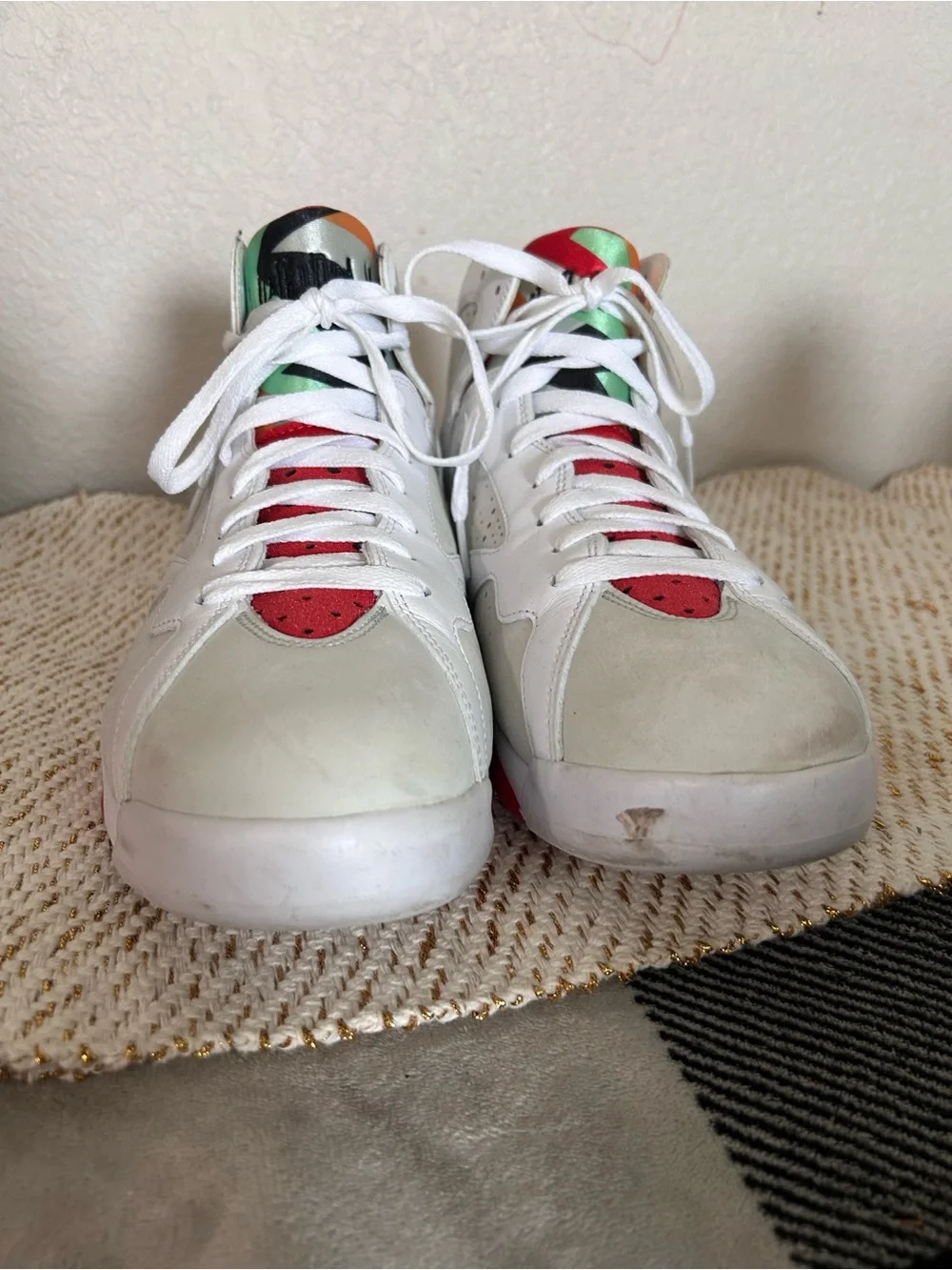 Jordan White High-Tops with Red and Metallic Green Accents
